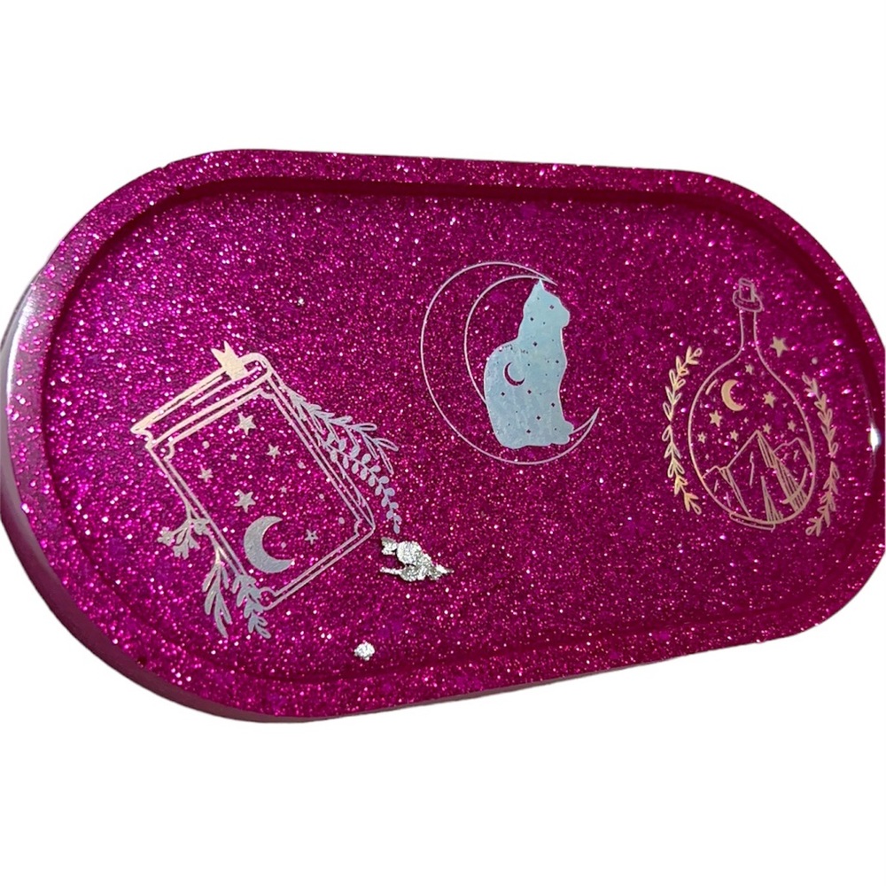 Trinket Tray Hot Pink with Glitter Detail Holographic Moon Witch epoxy resin